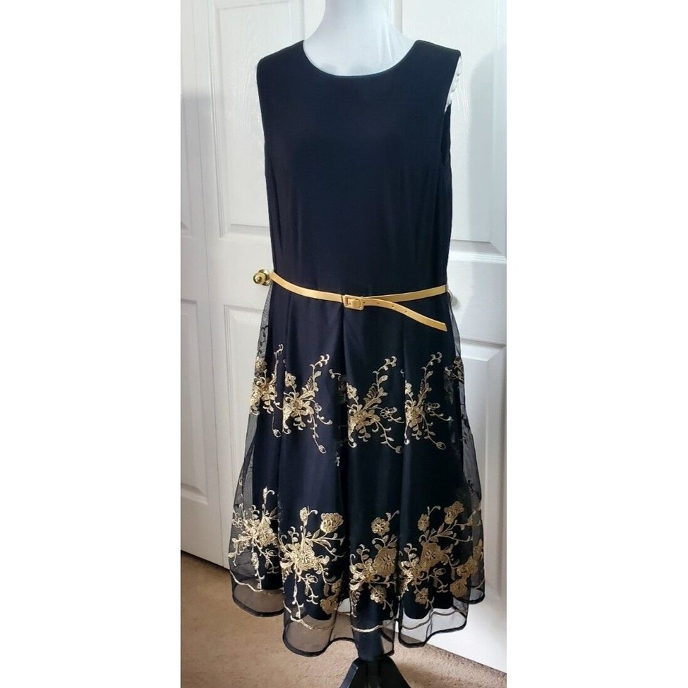 R&K Originals Plus Sz 18 Midi Dress Black Gold Floral Formal Fit & Flare EUC